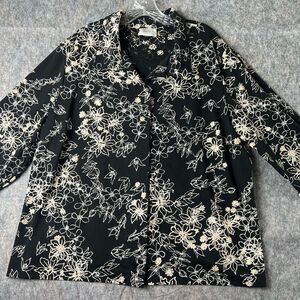 Maggie Barnes Jacket Women 3XW Petite Black Ivory Floral 3/4 Sleeve Ruffle Cuffs